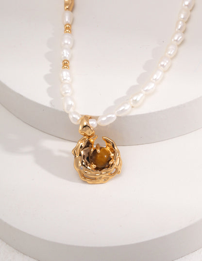 Tiger Eye Silver Pearl Necklace