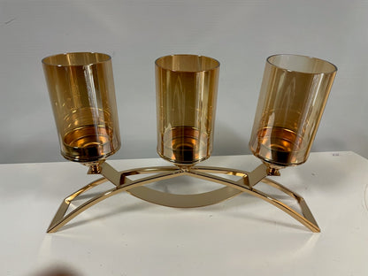 3 Arm Glass Tube Gold Metal Candle Stand