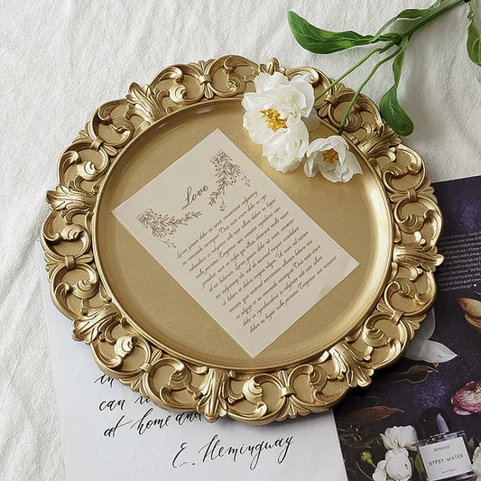 Round Gold Chargers Plates Vintage Floral Embossed Tea Pot Jewelry Cake Storage Tray Wedding Party Decorative Table Piece